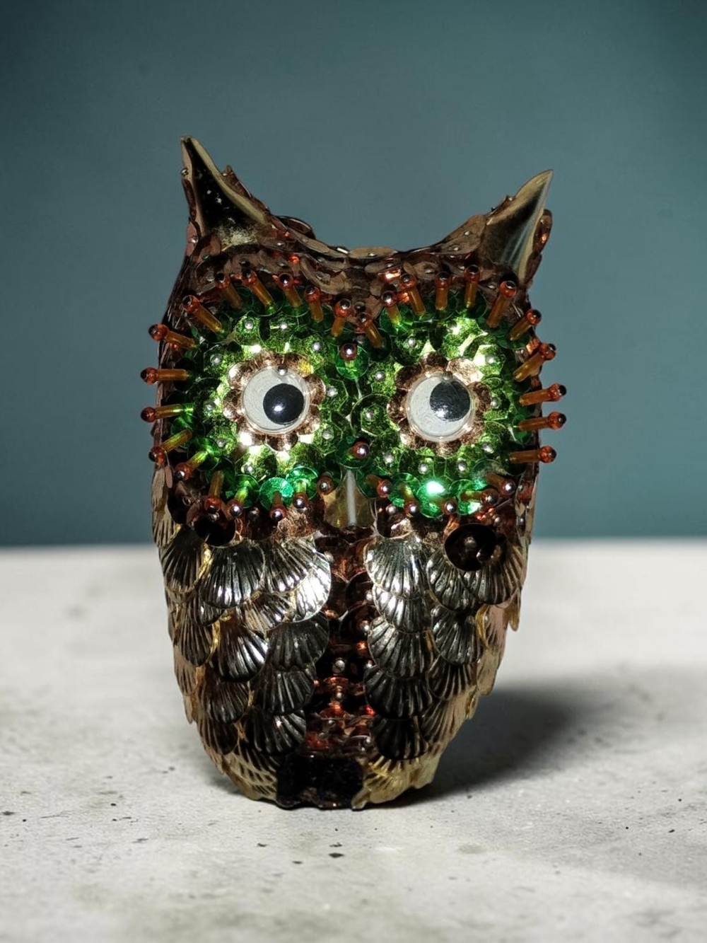 Vintage Handmade Sequin Pushpin Owl Christmas Ornament - Mid Century Retro